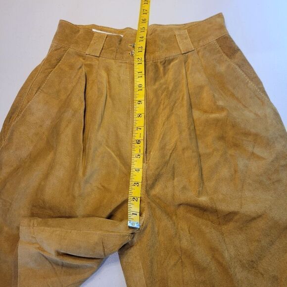 Suede Trouser Shorts Pleated Paperbag Culottes Leather Vintage Golden Tan - Picture 14 of 15